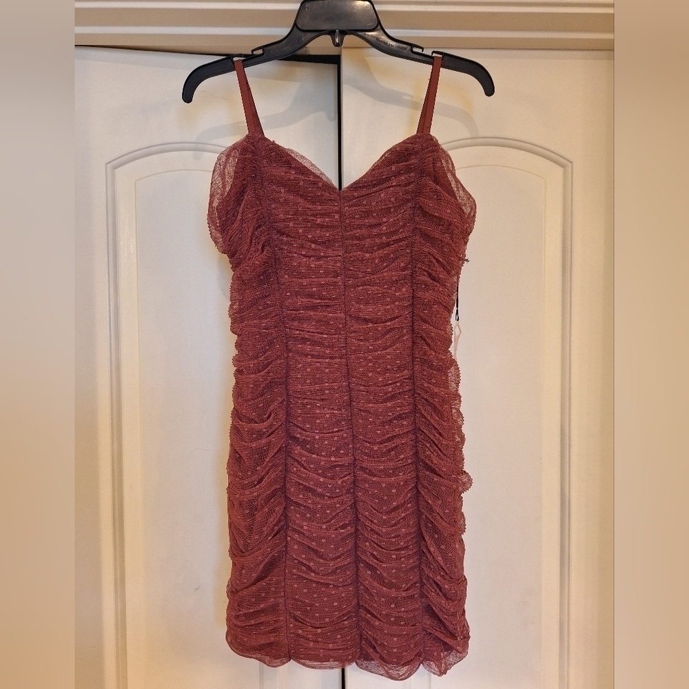 Haute Monde Ruched Sleeveless Lace Mini Dress Mauve Pink Bodycon